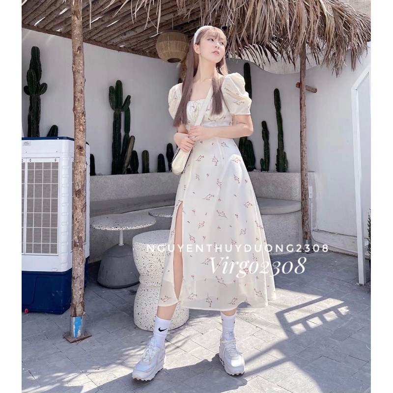 [Ảnh thật/Sẵn]Váy hoa nhúm ngực xẻ tà tay bồng/Đầm hoa Wedding dress