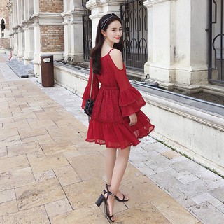 Váy đỏ hở vai điệu đà (ảnh thật ở cuối)