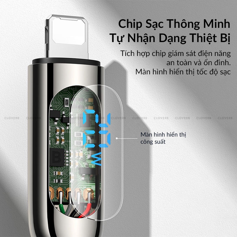 Baseus - Dây Sạc Nhanh 20w cho iP8-iP14Pm, Đầu Cáp Tích Hợp Màn Hình Hiển Thị Công Suất Sạc, Dây Cáp Bện Nylon Dài 1m/2m