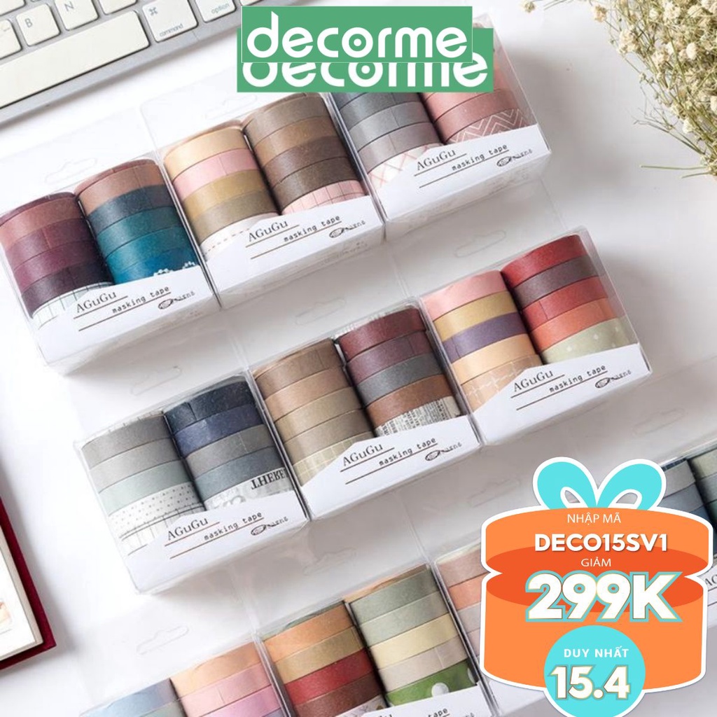 Washi tape trơn màu họa tiết Decorme Agugu NBD2 băng keo giấy nhiều màu hộp 10 cuộn