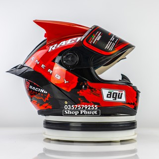 Mũ Fullface AGU Tem Racing màu đỏ, lên đuôi gió và tai rùa, tặng túi đựng nón