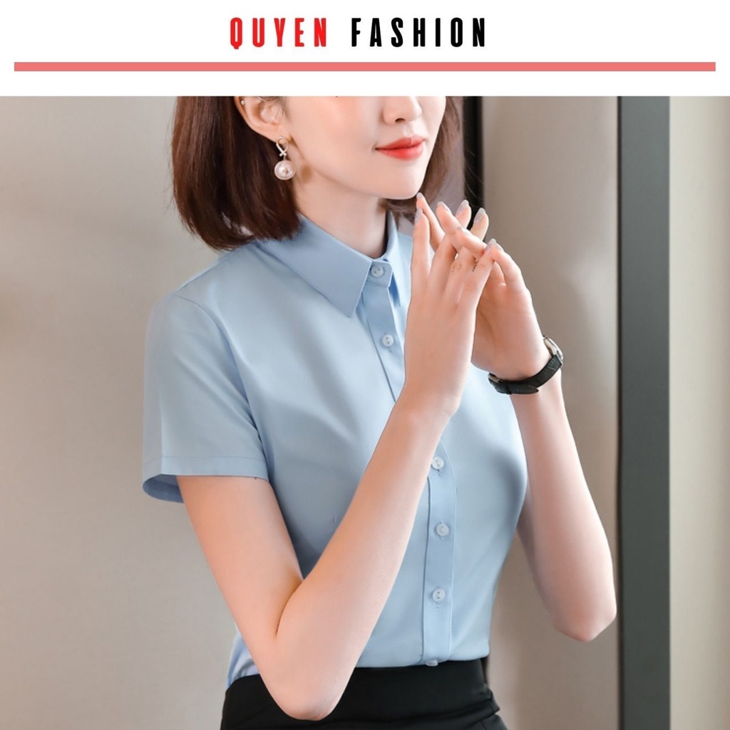 Sơ mi nữ công sở màu trắng, xanh tay cộc, cổ đức cơ bản dáng ôm chất liệu thô Nhật Quyên Fashion AA571