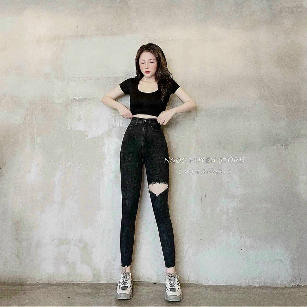 quần jean co dãn màu đen rách gối cực xinh tôn dáng