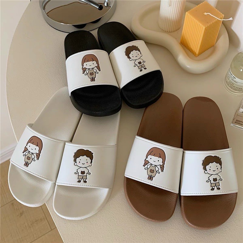 Dép quai ngang nam nữ, dép trai gái siêu cute- 3 màu đen nâu trắng
