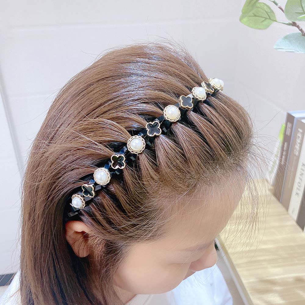 Băng Đô Cài Tóc Hình Cỏ Bốn Lá Đính Hạt Ngọc Trai Acrylic Đơn Giản Thời Trang Hàn Quốc Cho Nữ