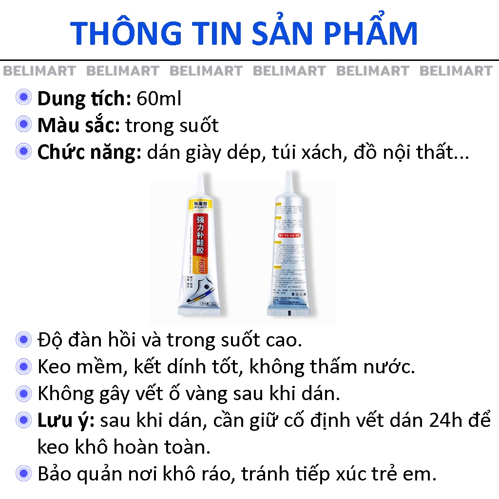 Keo dán giày dép chuyên dụng tuýp 60ml trong suốt, siêu dính, không thấm nước BELI BL035