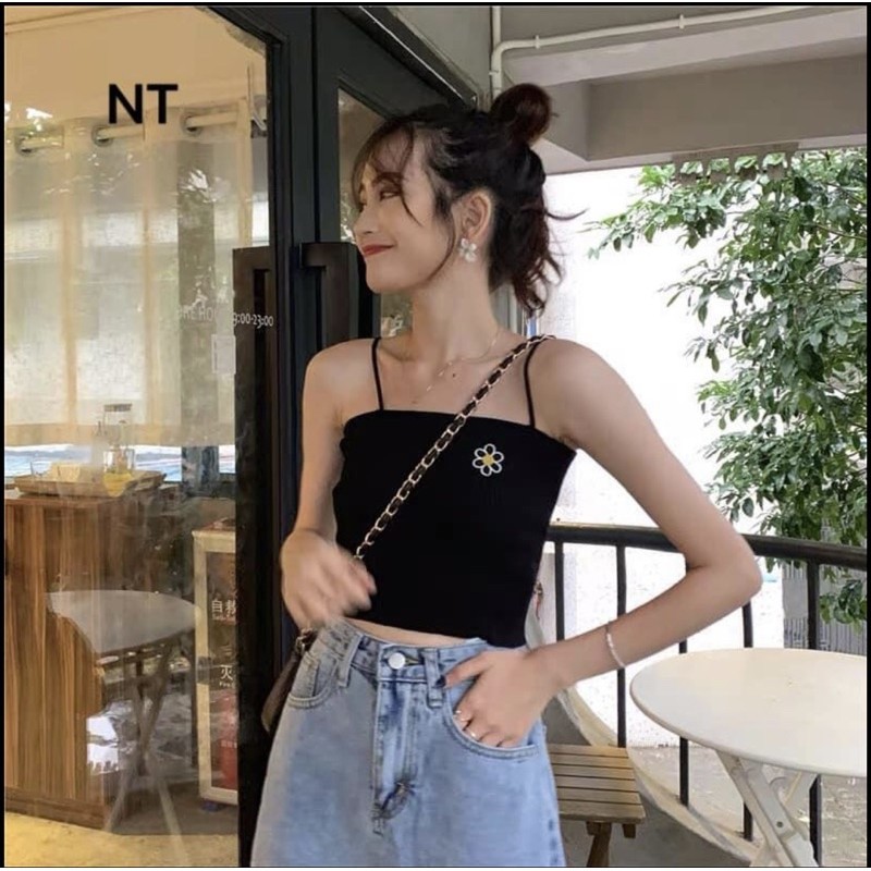 Áo 2s sợi bún thêu hoa cúc chất bozip 2 mầu đen - trắng