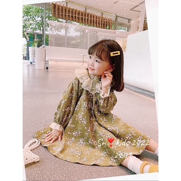 Váy đầm nhung baby doll xanh rêu cho bé gái