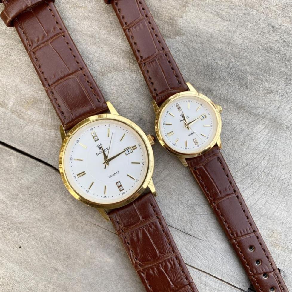 Đồng Hồ Đôi RoLex R075A Dây da Mặt TRẮNG Chống Xước, Chống Nước