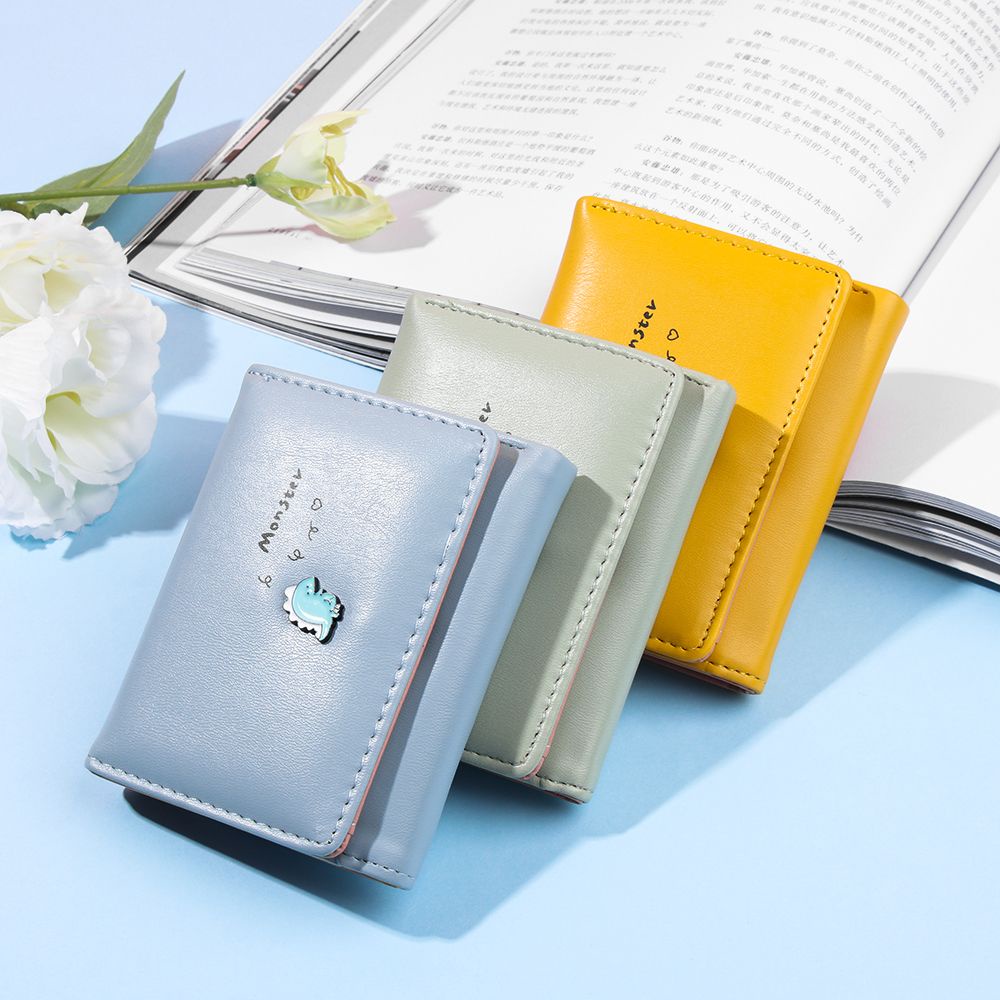 Ví da PU dáng ngắn gấp gọn họa tiết khủng long nhỏ hoạt hình đáng yêu chất lượng cao dành cho nữ