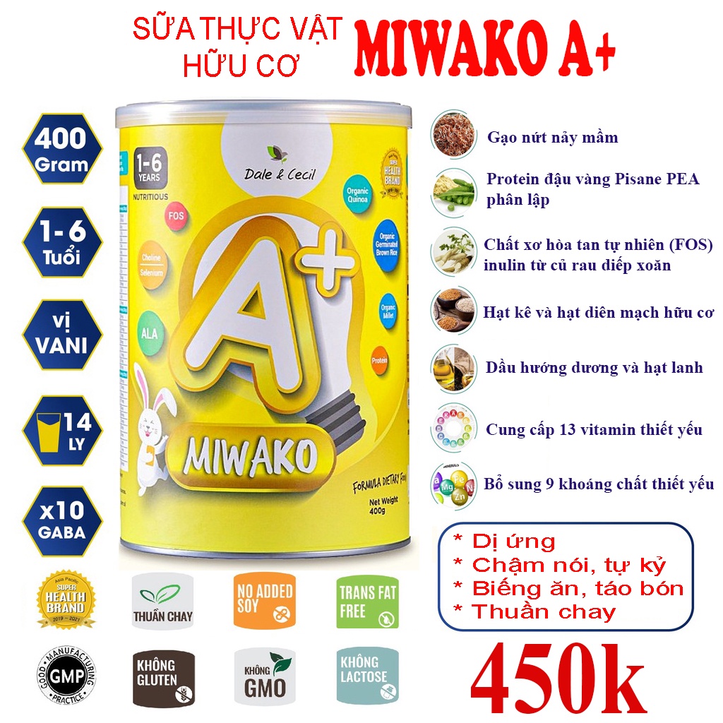 Sữa thực vật hữu cơ Miwako A+ vị vani, hộp 400g dành cho trẻ dị ứng đạm sữa bò tự kỷ tăng động giảm chú ý chậm nói