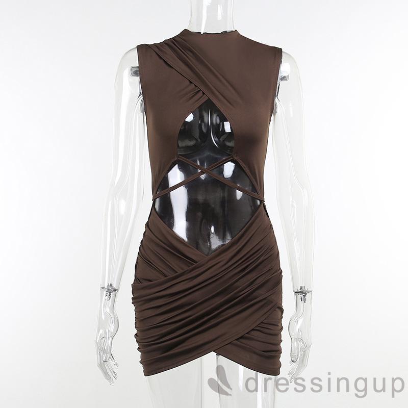 Đầm Cổ Tròn Không Tay Thiết Kế Khoét Rỗng Màu Nâu Thời Trang Quyến Rũ Dành Cho Nữ Size S/M/L