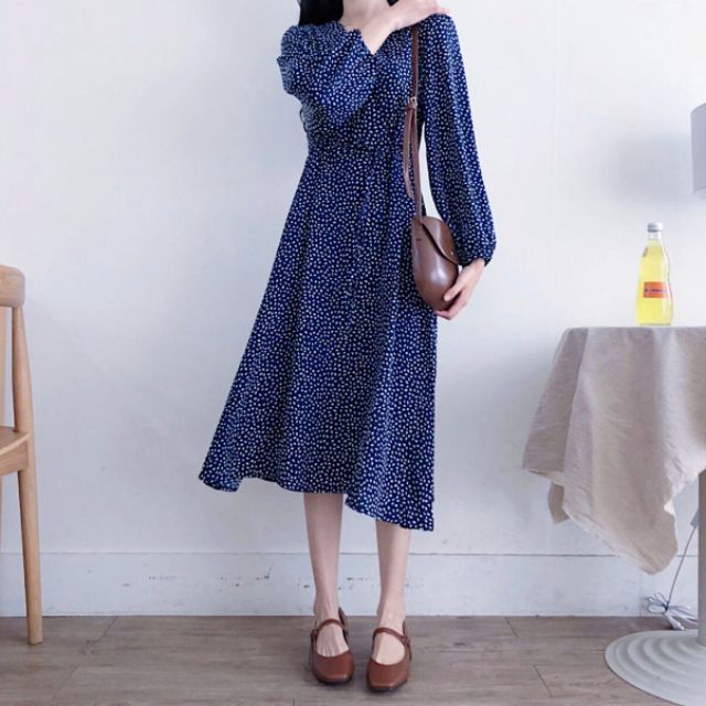 Đầm tiểu thư tay dài chấm bi nơ lưng