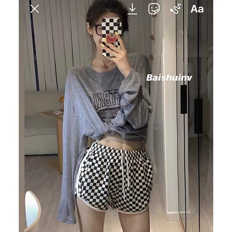 Quần Short Thể Thao Lưng Thun Cao Sọc Ca Rô Plus Size Cho Nữ