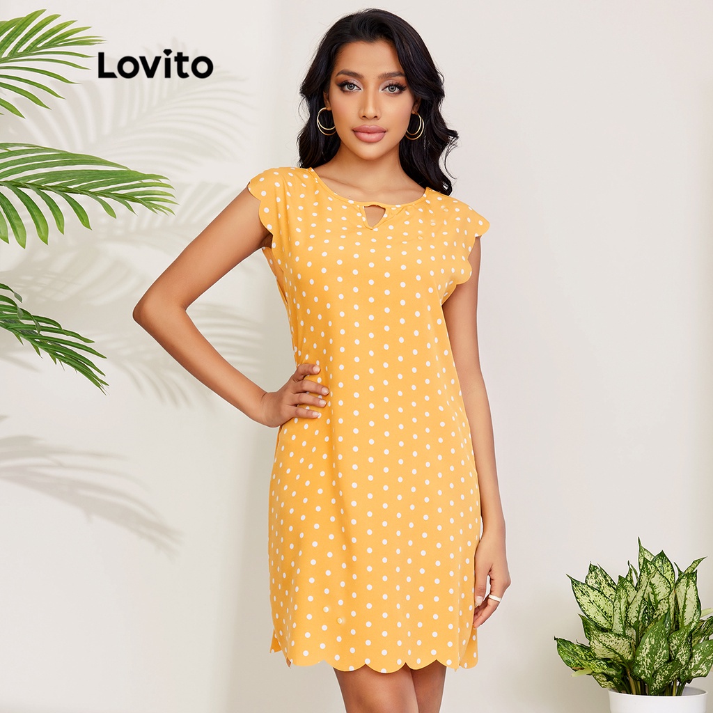 Đầm viền đăng ten Lovito họa tiết chấm bi thường ngày L27LD173 (màu vàng)