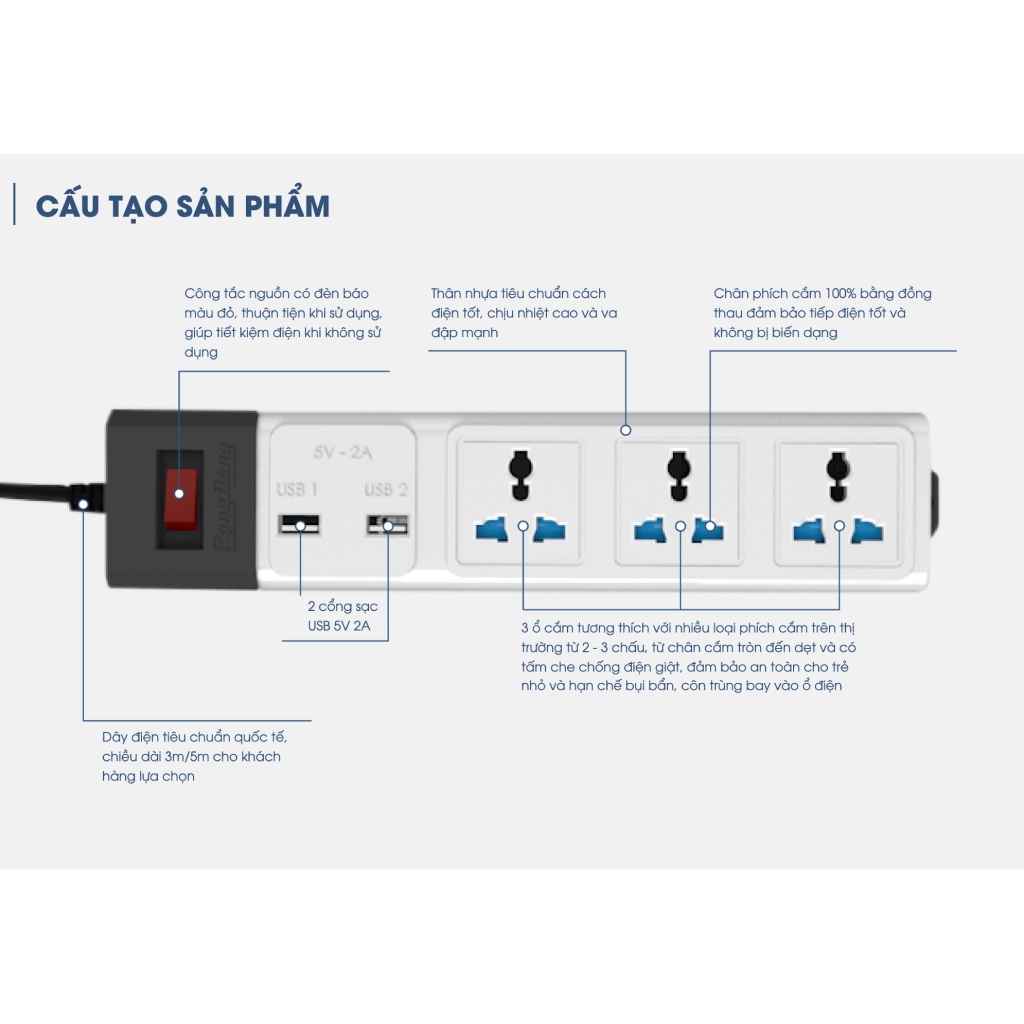 Ổ cắm điện USB chịu tải cao Rạng Đông, dây dài 3m, 5m Model: OC02.USB 3C/3M/10A