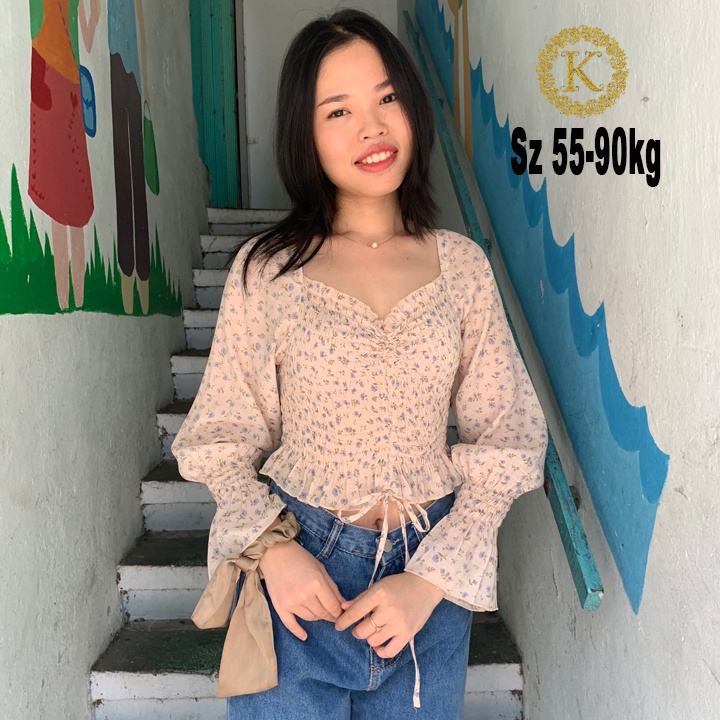 Áo croptop bigsize nữ dài tay KimFashion, croptop bigsize hoa nhí 55-90kg