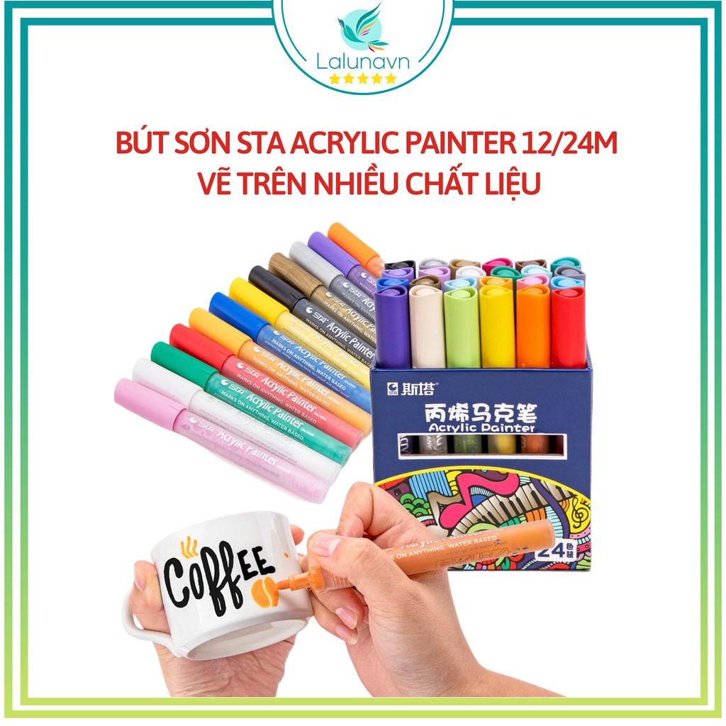 Lalunavn Bộ bút sơn Acrylic STA Painter 12/24 màu, vẽ trên nhiều chất liệu - B38