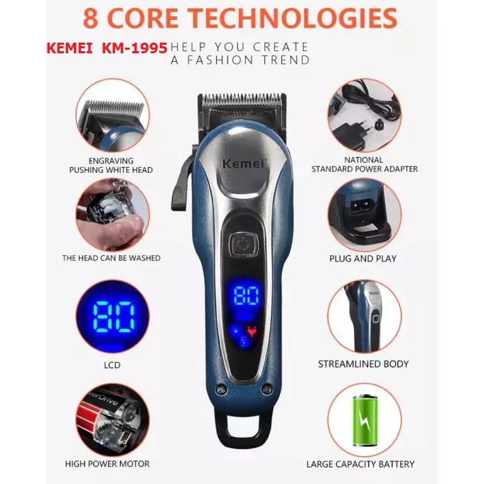 Tông Đơ Cắt Tóc Không Dây Kemei KM1995 Dùng Cho Thợ Chuyên Nghiệp