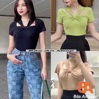 Áo thun nữ kiểu phối dây cổ hở vai tay ngắn