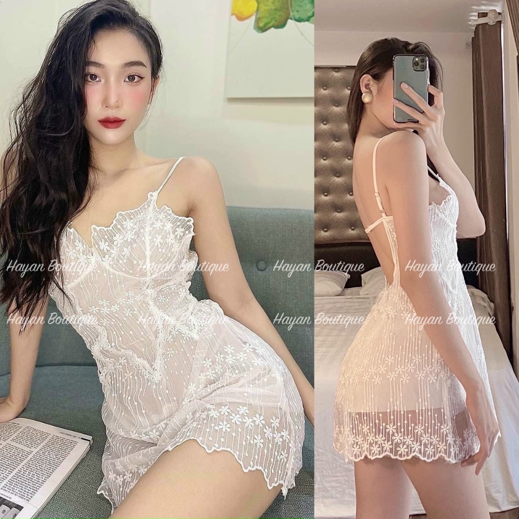 Váy ngủ sexy pha lê trắng siêu đẹp, đầm ngủ quyến rũ Quảng Châu - Haayan Boutique #HT67