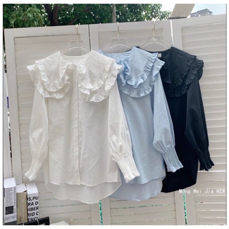 Áo sơ mi cổ bèo tiểu thư tay phồng mầu trắng, babydoll ulzzang mềm nội y xanh