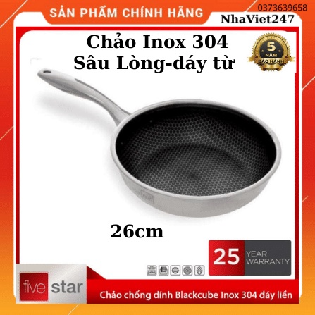 Chảo Chống Dính Sâu Lòng-Fivestar-Blackcube-26cm-Inox 304-dạng tổ ong-3 Lớp-Đáy Liền-siêu bền đẹp-chính hãng-BH 5 nam