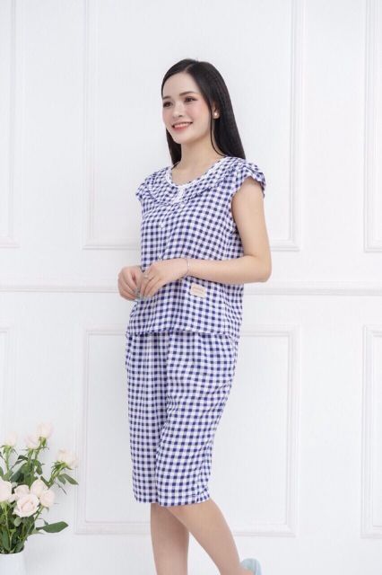 (Ảnh thật)Bộ lanh kẻ có đính cúc trang trí,bộ lanh mặc nhà tay xếp trẻ trung ,nữ tính | BigBuy360 - bigbuy360.vn