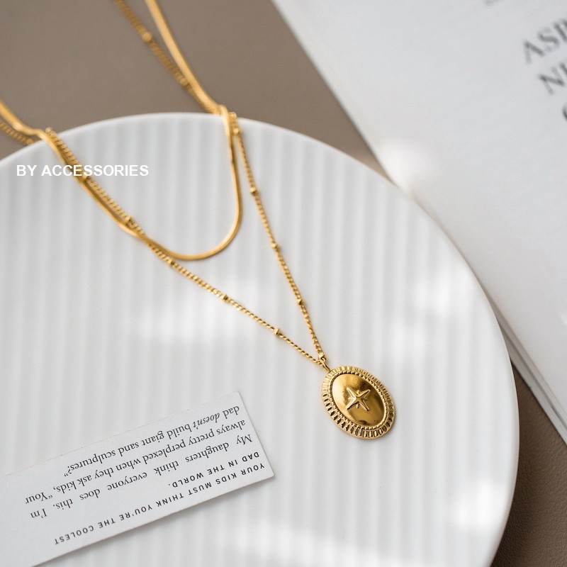 Dây chuyền titan 2 tầng mặt oval họa tiết ngôi sao không gỉ