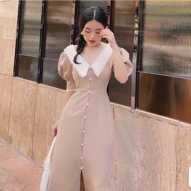 Đầm xoè công sở dạo phố cổ bẻ nút vintage tay phồng