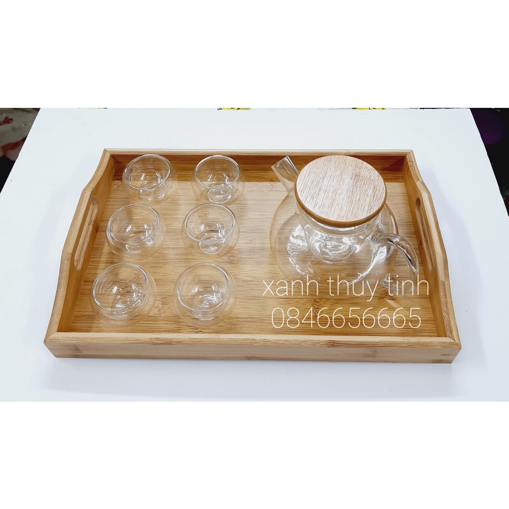 Bộ ấm trà thủy tinh chịu nhiệt cao, ấm nắp gỗ lõi lọc dung tích ấm 600ml-AT16