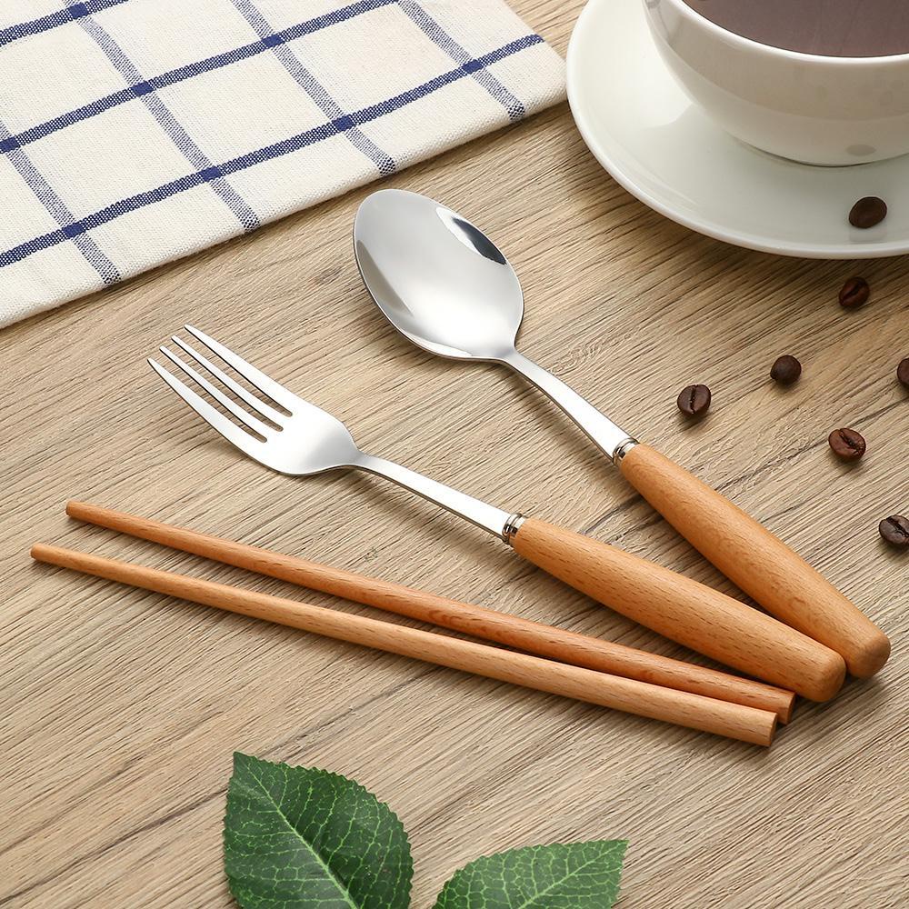 Bộ 3 Món Muỗng Nĩa Chất Liệu Inox Cán Gỗ Có Thể Tái Sử Dụng
