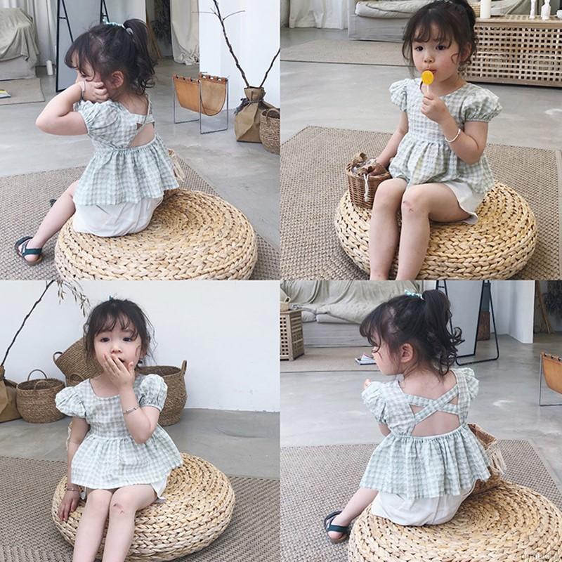 Áo kiểu ngắn tay phối hoạ tiết sọc caro đáng yêu cho bé gái