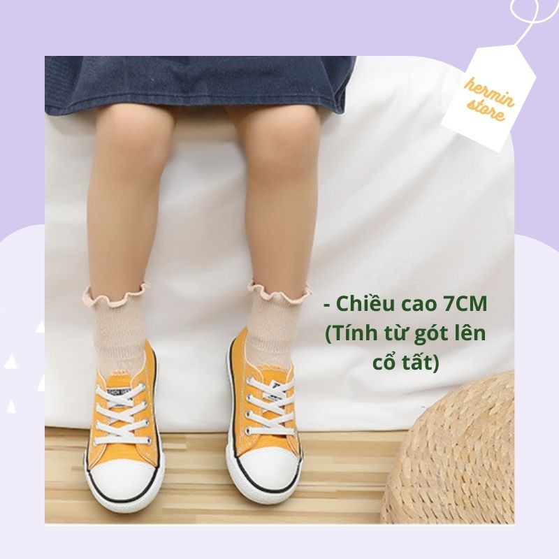 Tất bé gái ngắn cổ bèo nhún nhiều màu - vớ cho bé gái vintage 100% len cotton siêu mịn