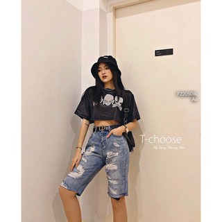 Áo thun croptop hình đầu lâu phản quang tay ngắn!