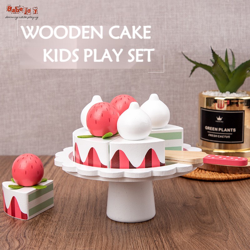 Babejoy Bánh sinh nhật bằng gỗ Đồ chơi trẻ em giả vờ chơi, Bữa tiệc một lớp bánh dâu tây Bộ đồ ăn chơi Đồ chơi cho trẻ mới biết đi với kem, Đồ chơi làm bếp cho bé trai.