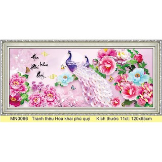 tranh thêu chữ thập chim công hoa mẫu đơn hoa khai phú quý kt 120x65cm