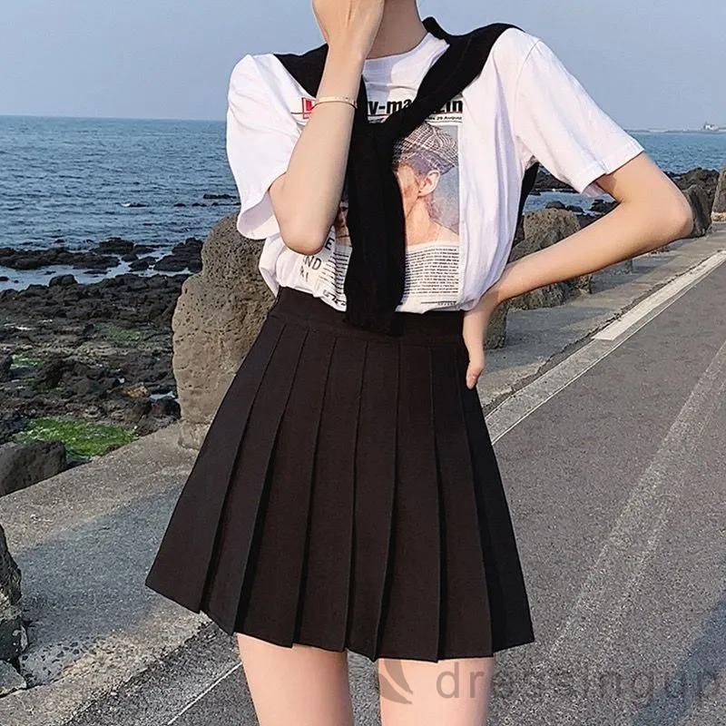 DRE-Women Casual Pleated Skirt, Solid Color Elastic High Waist Skater Skirt, Black/ White/ Grey