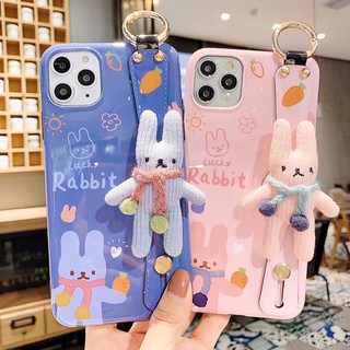 Ốp điện thoại lông thỏ thích hợp cho iPhone 11 xs x 7 8 7plus xsmax xr 11pro 11promax 8plus kèm dây đeo màu hồng