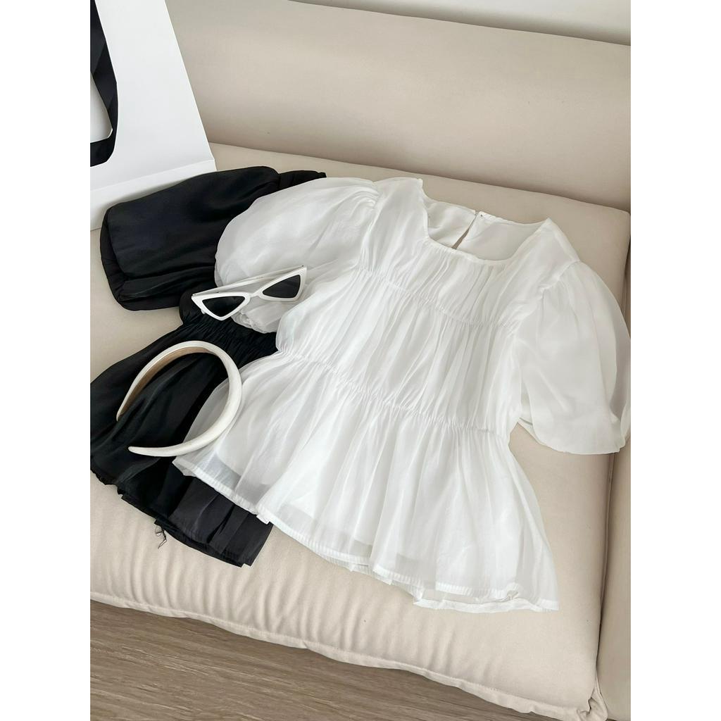 Áo tơ chun nhún ngực tay bồng 1605