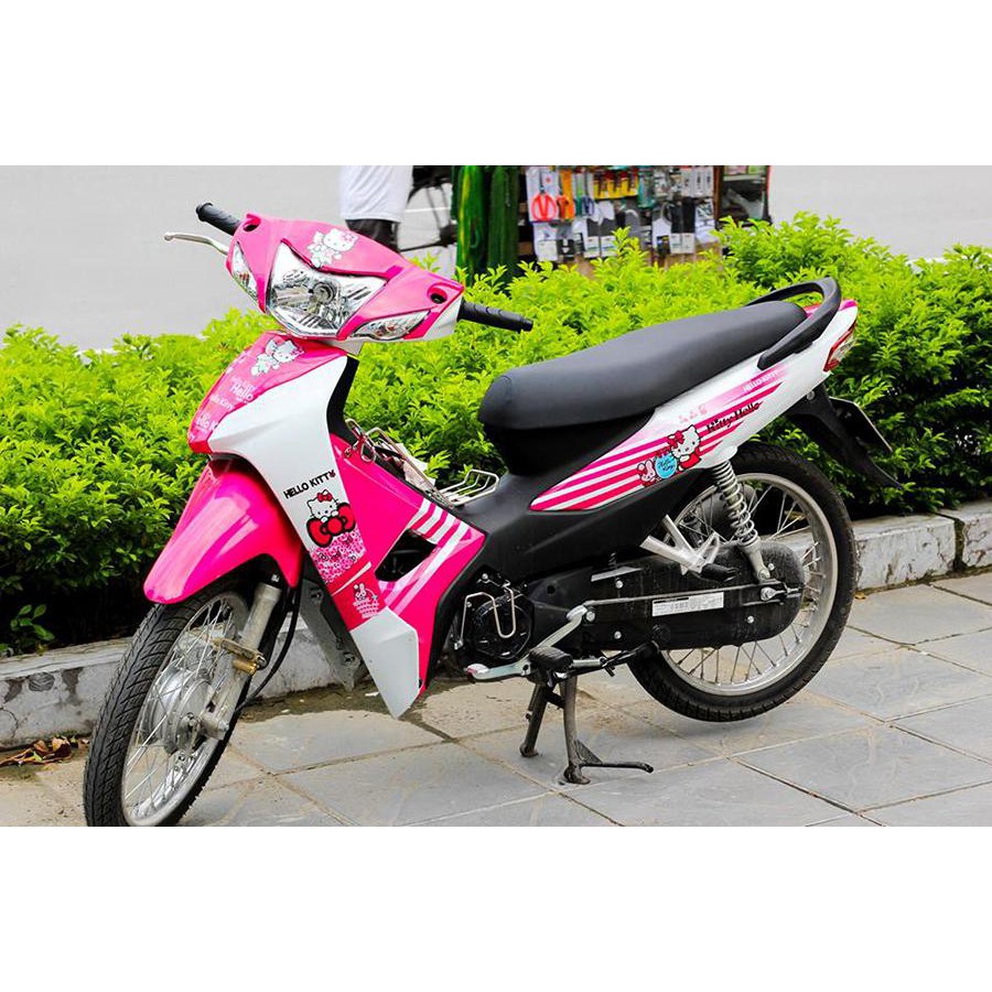 Tem trùm wave hồng trắng hello kitty alpha 110, độ phủ bộ team decal cho xe máy rẻ đẹp