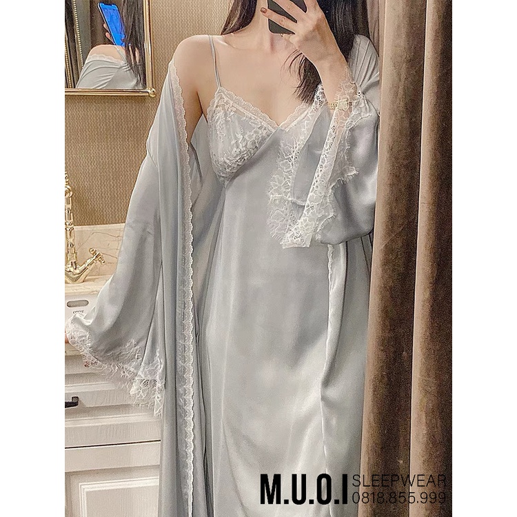 Set váy ngủ lụa kèm choàng viền ren MIEMMOC - SX 160 - QUẢNG CHÂU cao cấp- Sẵn( video+ảnh thật)