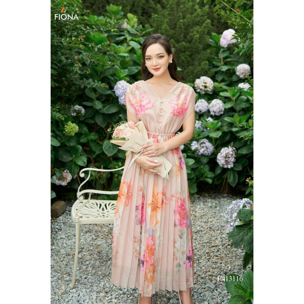 Đầm maxi thiết kế cao cấp FIONA váy đi biển nữ dáng xòe cổ tim họa tiết hoa nhí trẻ trung F413116
