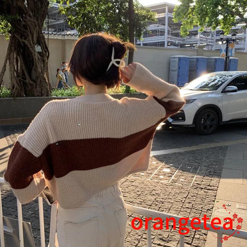 Áo Sweater Dệt Kim Tay Dài Cổ Tròn Dáng Rộng Màu Tương Phản Thời Trang Mùa Thu Cho Nữ