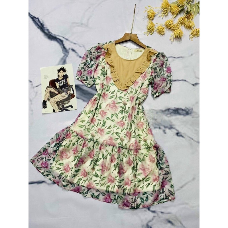 Đầm VINTAGE 2 Tầng Tay Ngắn Cổ Tròn Cao Cấp - Váy Tầng Chất Liệu VOAN Lụa Phối Họa Tiết Hoa cỏ mùa xuân | BigBuy360 - bigbuy360.vn