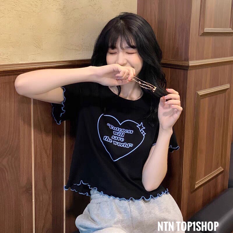 Áo in trái tim Croptop cuốn biên tay và lai (al)