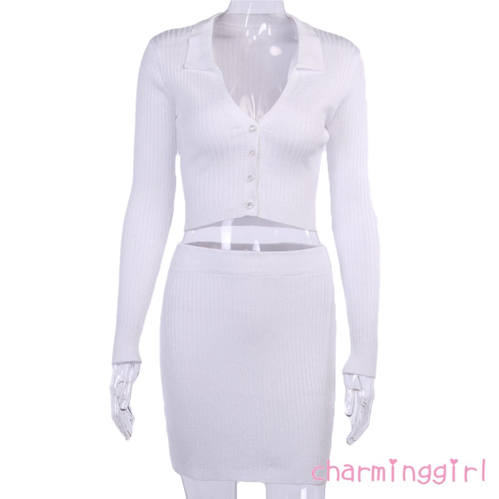 Bộ áo + chân váy sọc dệt kim eo cao sành điệu cho nữ