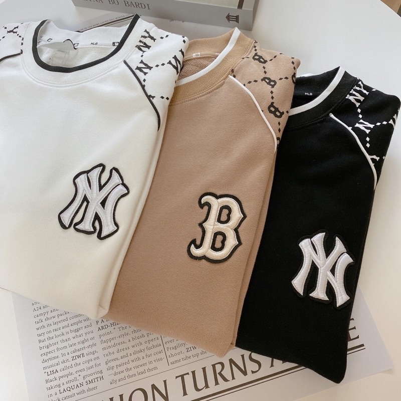 Áo nỉ sweater NY MLB raglan tay dài cổ tròn hoạ tiết