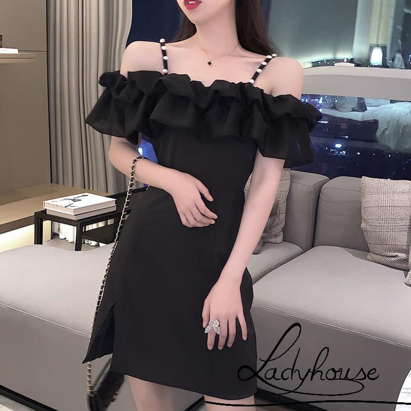 Ldd-đầm Tay Ngắn Trễ Vai Màu Trơn Đính Ngọc Trai Giả Một Mảnh Mùa Hè