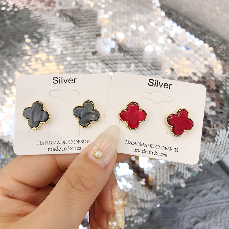 BESFOME mạ vàng 18k thời trang cổ điển s925 bạc bốn lá bông tai hoa tai trang sức đinh tán cho phụ nữ